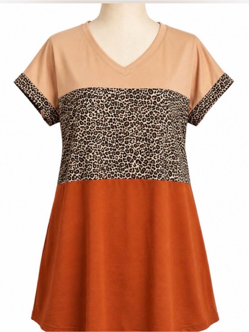 V-Neck Colorblock Mini Dress with Leopard Panel - Tan & Rust